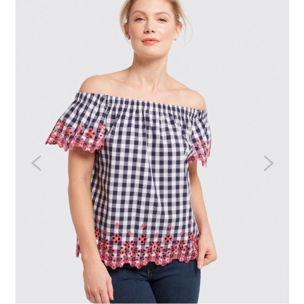 Draper James Dolly Eyelet Trimmed Gingham Lace Top Small NWT Coastal Preppy